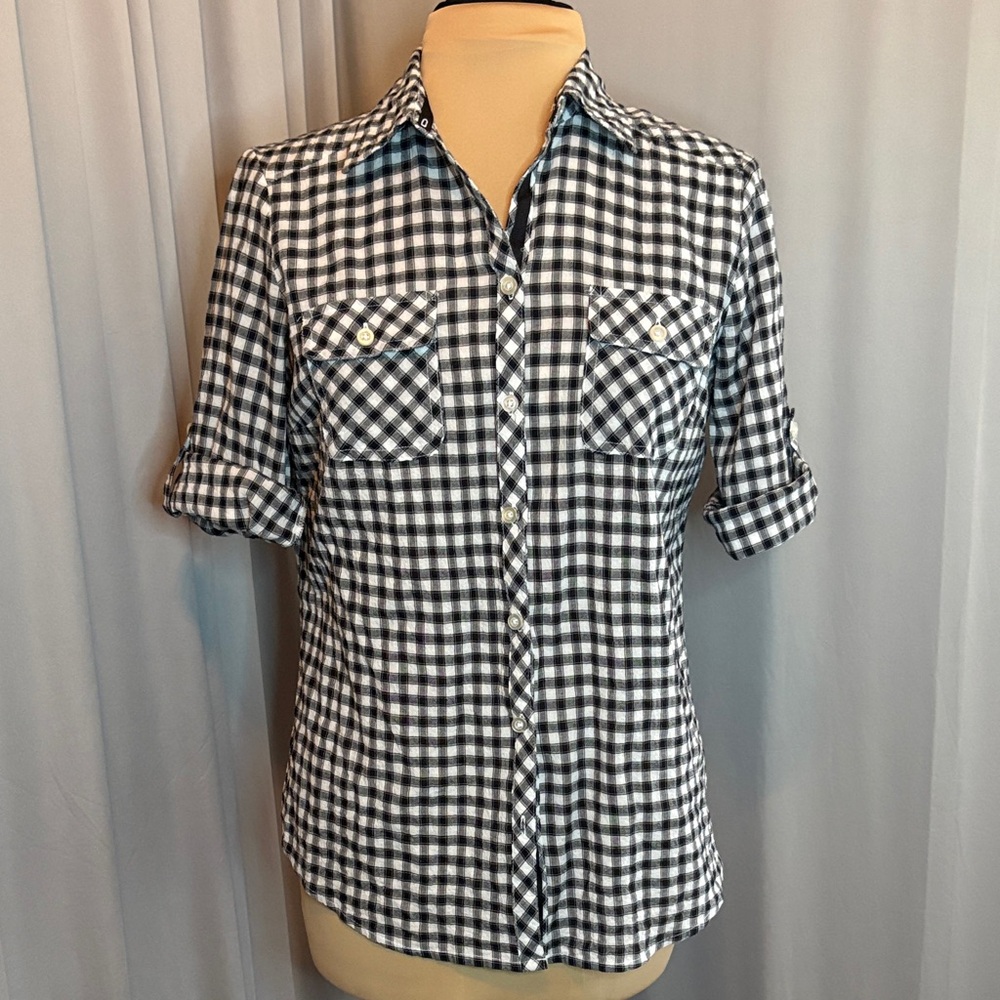 Croft & Barrow Women's Black and White Gingham Checkered Button-Up Shirt